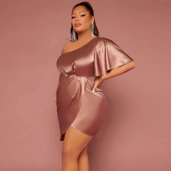 SHEIN - Draped Asymmetrical Satin Wrap Dress - Apricot - Size 3XL - Picture 2 of 6
